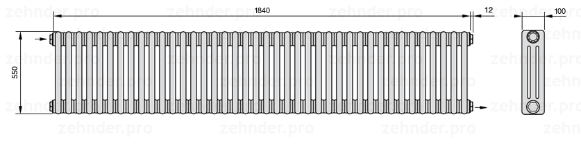 Схема (чертеж) Радиатор Zehnder Charleston 3055/40 №1670 Белый глянцевый RAL 9016